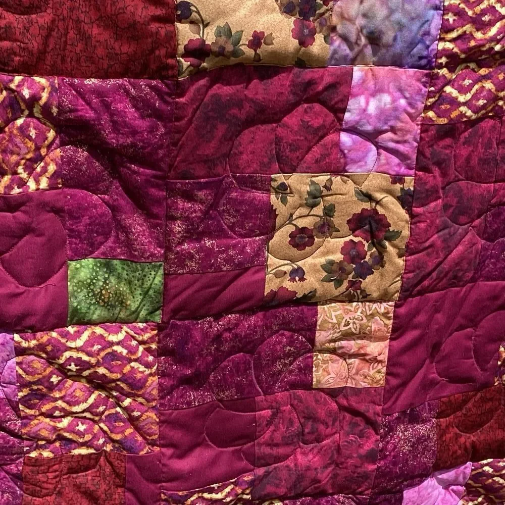 NWT. Hand Crafted Maroon/Wine Mixed Prints Lap Quilt